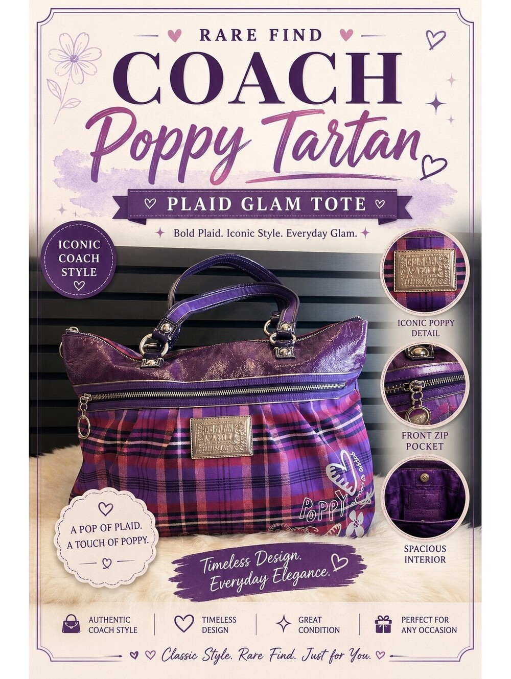 Rare Coach 15886 Poppy Tartan Plaid Glam Tote